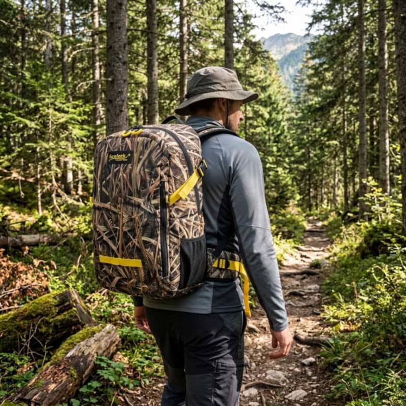25L waterproof backpack with dual-slider airtight zipper in camo