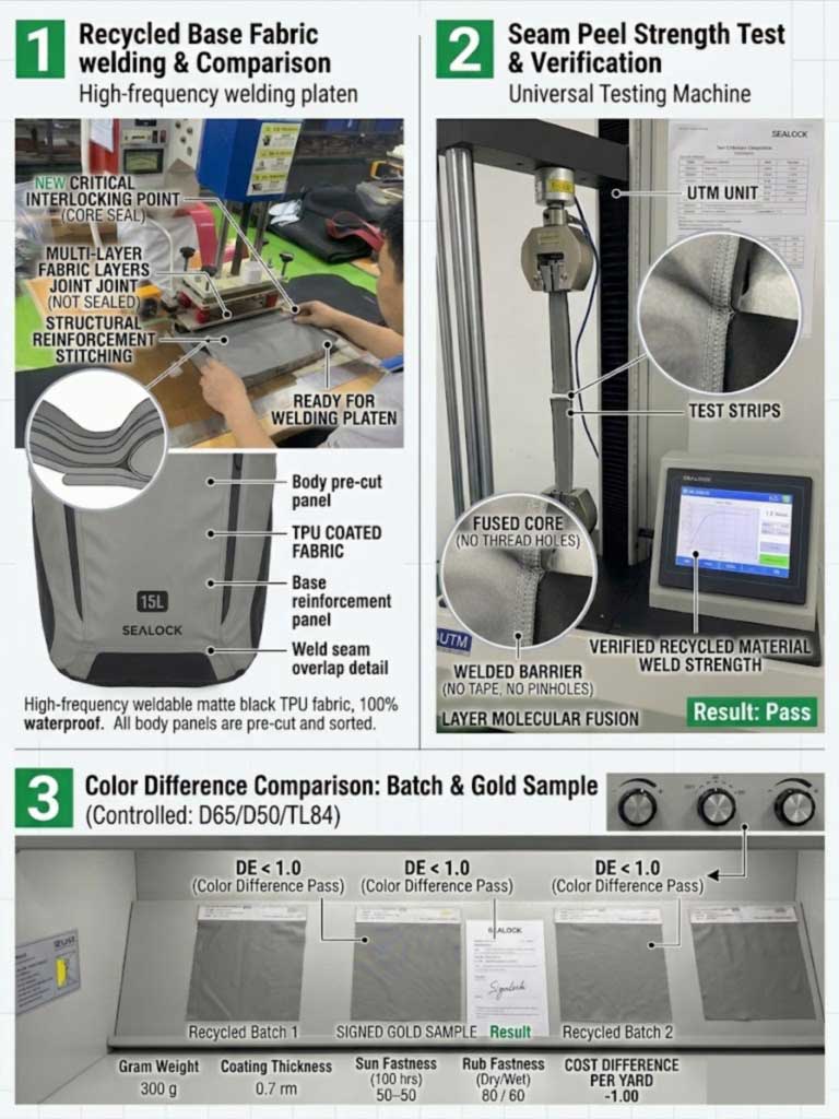 Recycled substrate under high-frequency welding, weld peel testing on recycled fabric, and colour difference comparison across recycled batches